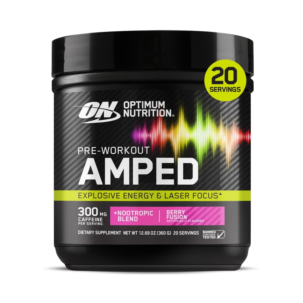 Optimum Nutrition Amped Pre-Workout, con Citrulline, Beta-Alanine, Nootropics e 300mg di Caffeina per Energia, Fusione di Berry, 20 Servings (Packaging May Vary)