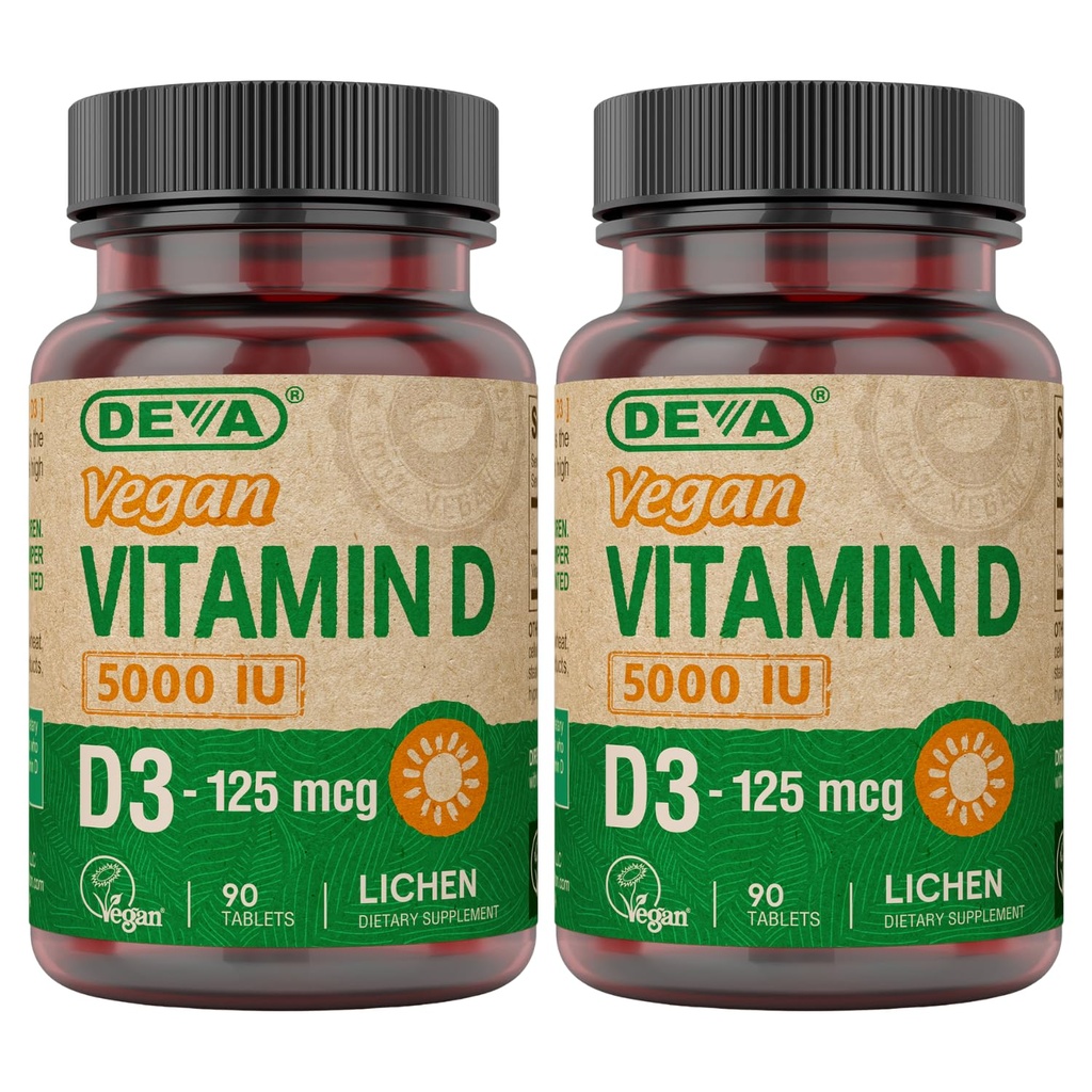 DEVA vitamina D3 5000 IU, Sunshine Supplement, 125 mcg di Vegan D3, 90-Count bottiglia (pacchetto di 2)