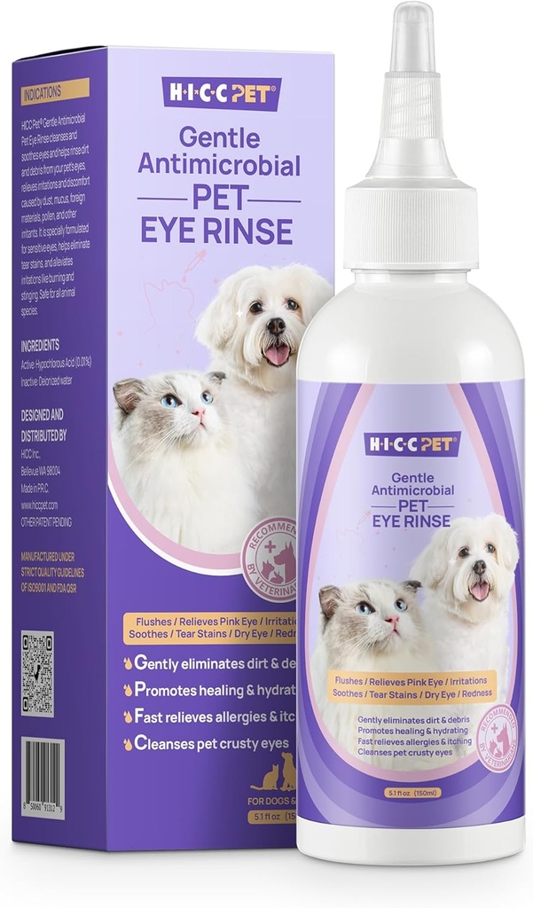 HICC PET Dog Eye Drops 5.1 fl oz Gocce di occhio per cani e gatti Vet-Recommended Dog Eye Trattamento di infezione per lenire l'allergia all'infezione, allevia gli occhi asciutti Pink Eyes, Pet Tear Stain Cleaner