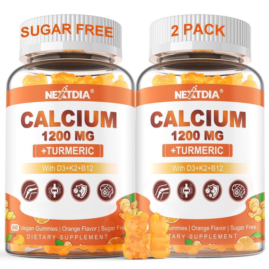 Calcium 1200 mg con Vitamina D3 Gummies - Calcio + Supplemento di curcuma per le donne e gli uomini con vitamina K2 B12 - Supporto Bone & Muscolo - Zucchero Libero - Vegan (120 conteggio)