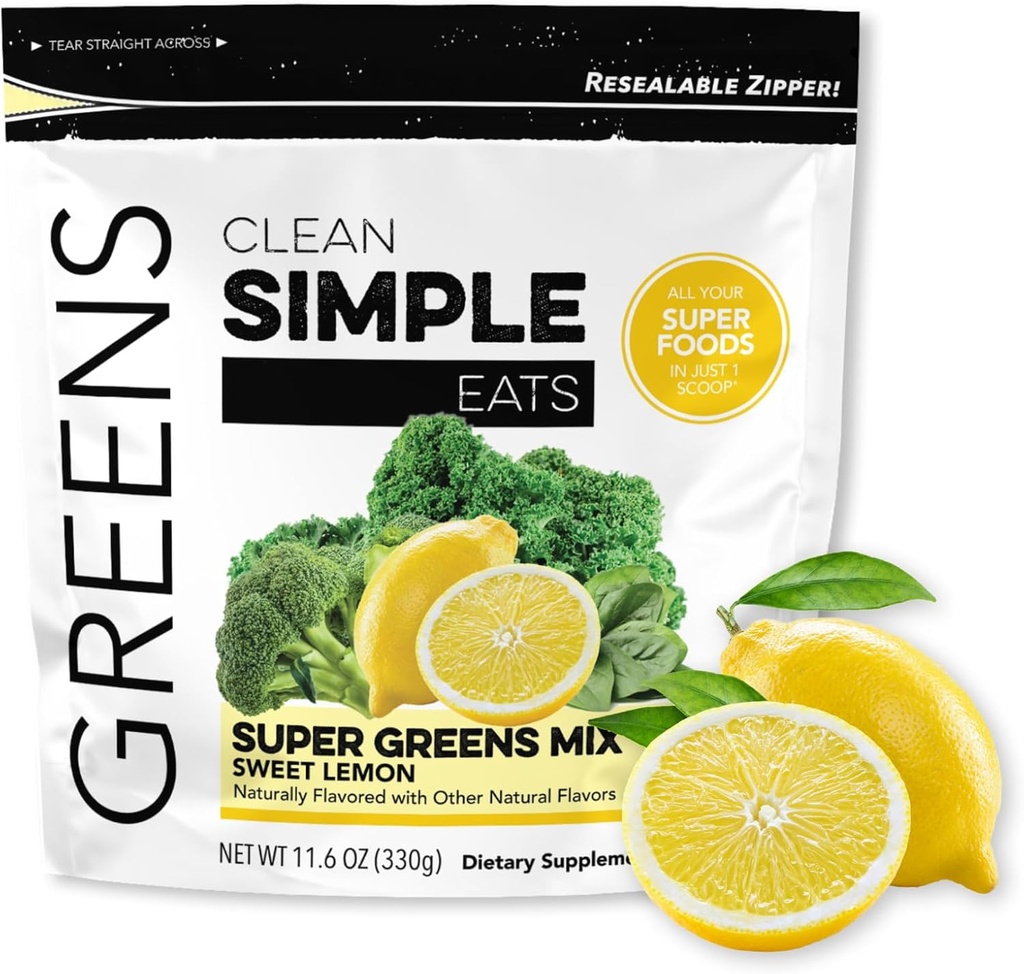 Polvere di Super Greens, Polvere di Greens aromatizzata naturale con clorella, Spirulina, Superfoods & Fibra prebiotica, senza ingredienti artificiali, senza glutine, aroma di limone dolce, 30 porzioni