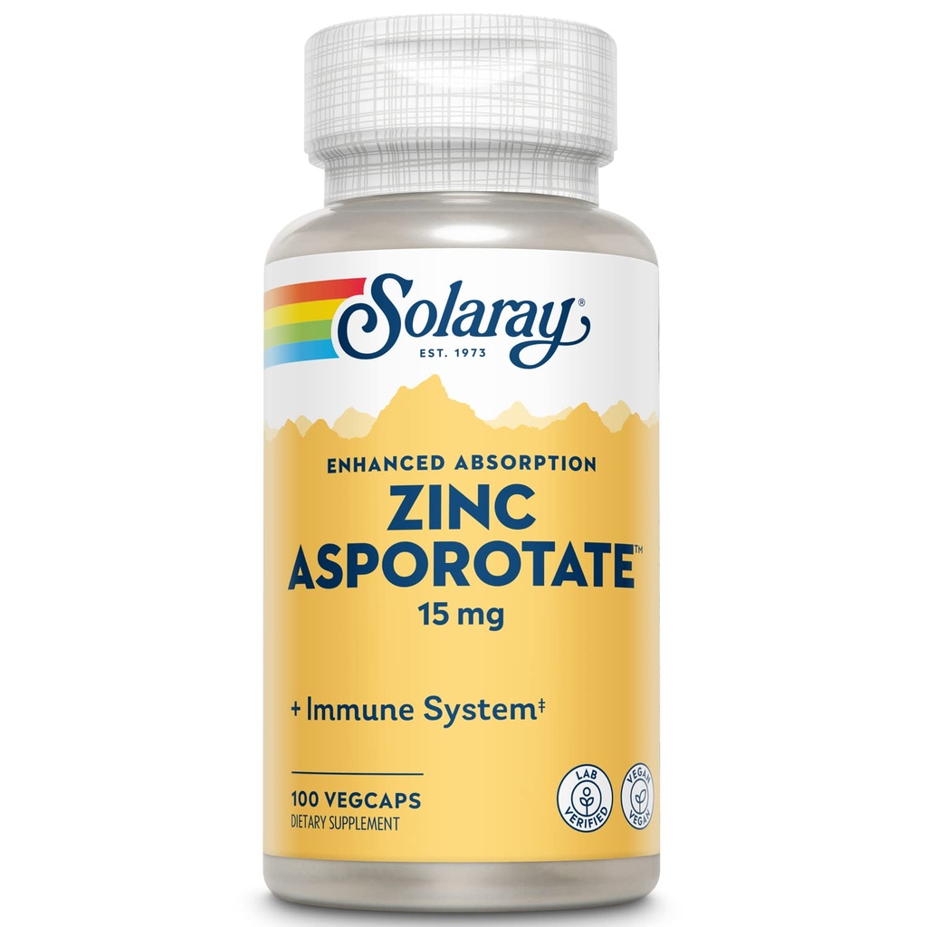 Solaray Zinc Asporotate 15mg Chelated Complex | Supporto Immune & Endocrine, Cell & Skin Health Formula, 100 VegCaps