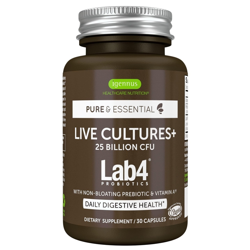 Igennus Probiotics & Prebiotics 2 in 1, Lactobacillus Acidophilus & Bifidobacterium, Gut Health Support, Culture dal vivo + Lab4, Garantito 25 miliardi di CFU, Donne & Uomini, Non-Bloating, Non OGM, 30 capsule
