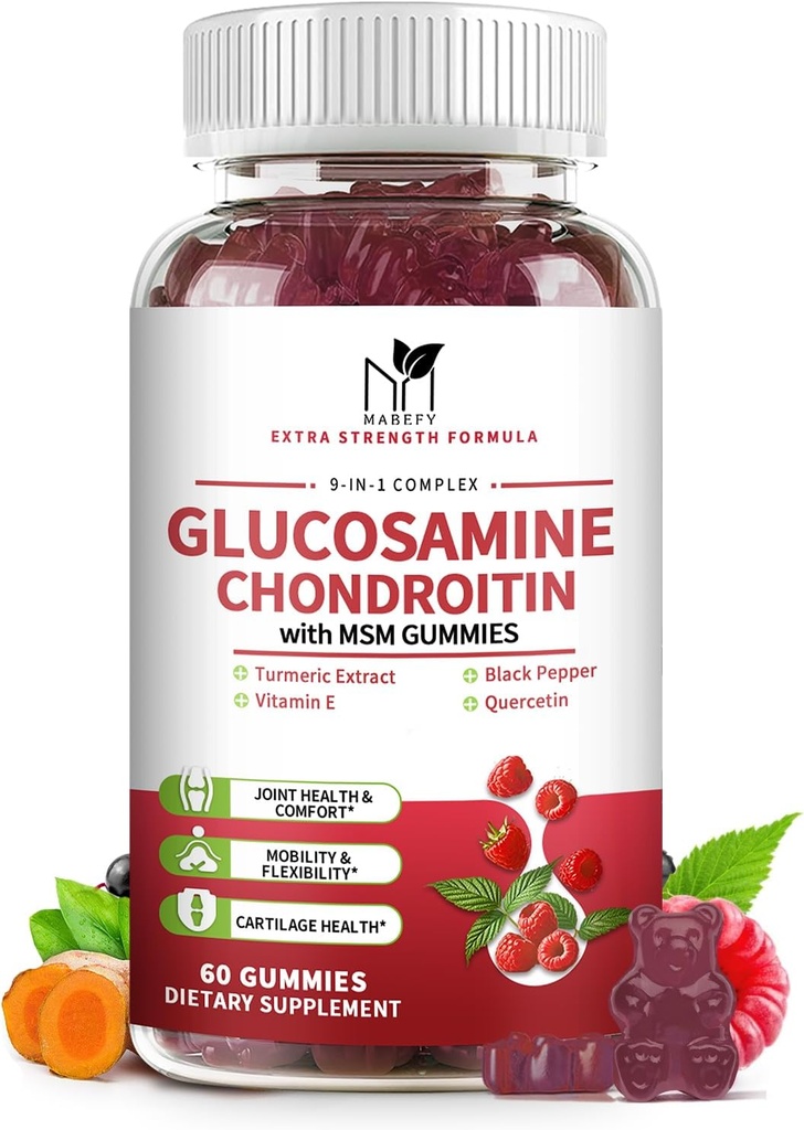 Glucosamina Chondroitin Gummies Triple Strength (1,000mg Glucosamina, 750mg Chondroitin) con MSM, Turmerico, Quercetina, Vitamina E, Integratore di supporto congiunto, Antiossidante 60 Gummies Raspberry Flavor