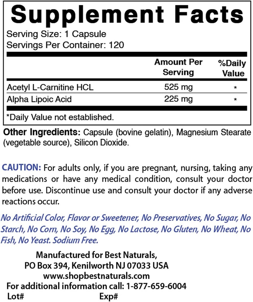 I migliori naturali Acetil L-carnitina e acido alfa lipoico 750 mg & zinco Gluconate 50mg
