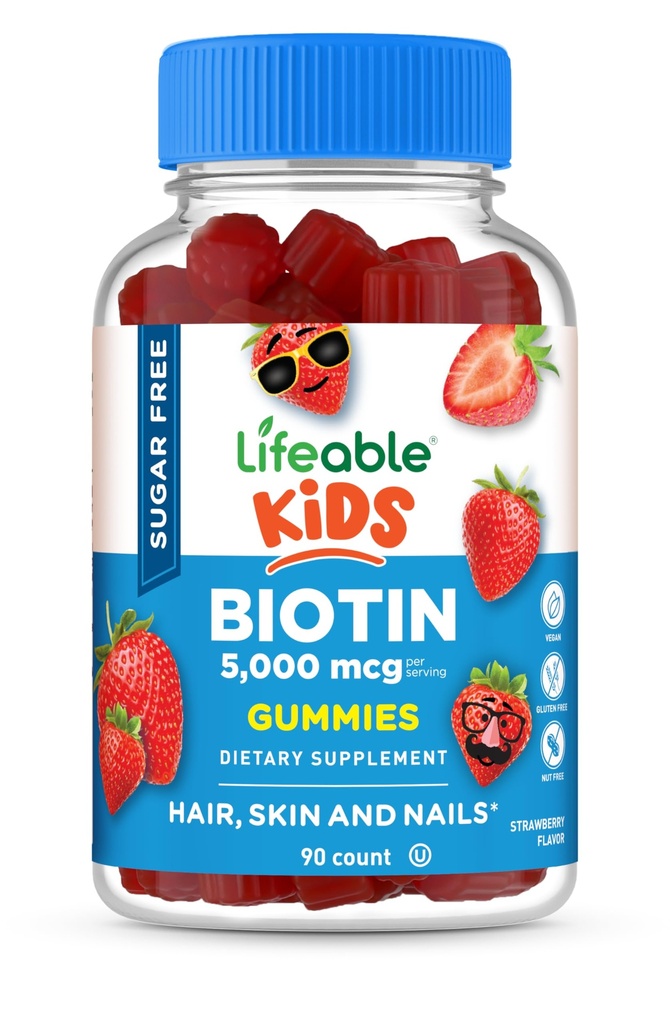 Zucchero Lifeable Free Kids Biotin Gummies | 5000mcg | Great Tasting Biotin Supplement | Biotin Gummies for Hair Growth, Skin and Nail Health | Vitamine per capelli per bambini, ragazzi, ragazze | 90 Gummies