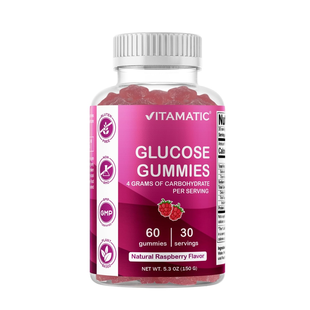 Vitamatic Glucose masticabile Gummies - 60 Conte - Natural Raspberry Flavor - 4G di Carboidrato per porzione (1 Bottiglia)