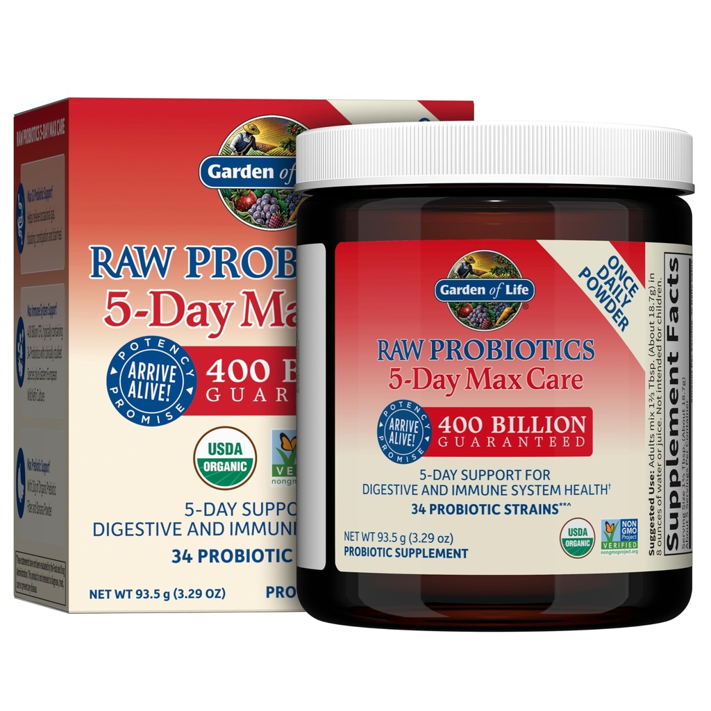 Garden of Life Raw Probiotics 5-Day Max Care - 400 miliardi di CFU - Polvere probiotica per il supporto digestivo e immunitario - Banana, 5 Serve