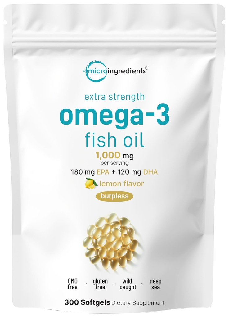 Micro Ingredienti Extra Forza Omega 3 Fish Oil Supplementi 1.000mg Per Serving, 300 Softgels | Limone aromatizzato | Burpless | EPA 180mg + DHA 120mg | Pesce marino profondo