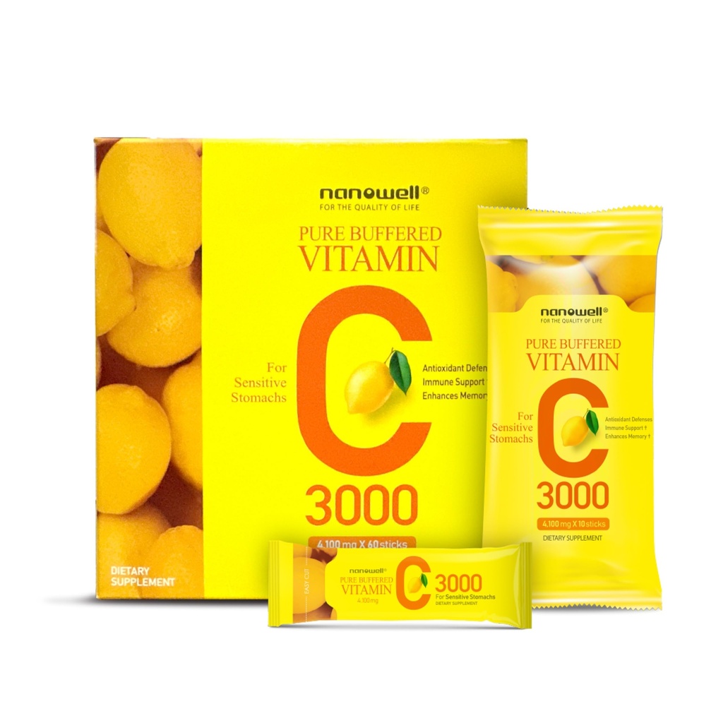 NANOWELL Pure Buffered Vitamin C 3000 mg per porzione, Integratore alimentare per il supporto immunitario - 60 Sticks x 1 Box, 2 Mesi di alimentazione (60 Conteggio)