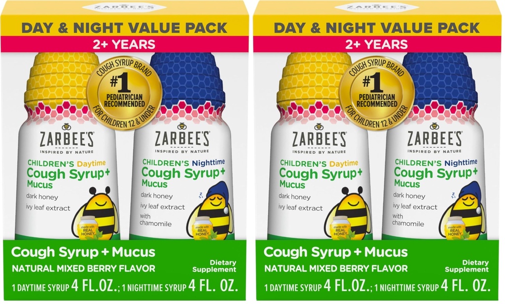 Zarbee's Honey Cough Syrup + Mucus Day & Night Value Pack,Daytime & Nighttime Toddler Cough Syrup,Dark Honey,Ivy Leaf Extract,Chamomile,Mixed Berry Flavor,4 Fl Oz,(Pack of 4)