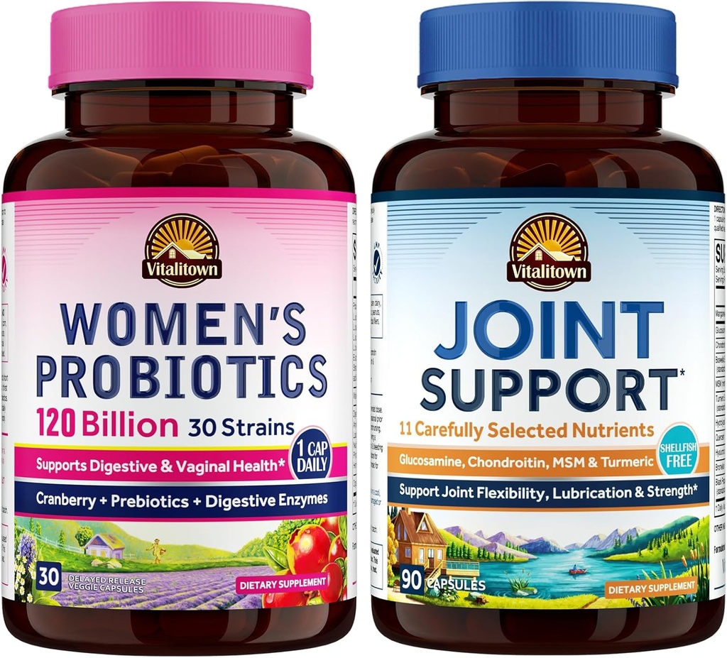 Vitalitown Femminile Probiotico & Joint Support Bundle (Pack of 2) | Probiotici Donna 120 miliardi (Item 1) & Joint Support (Item 2) | Shelf Stable | Joint & Women’s Health | Menopause