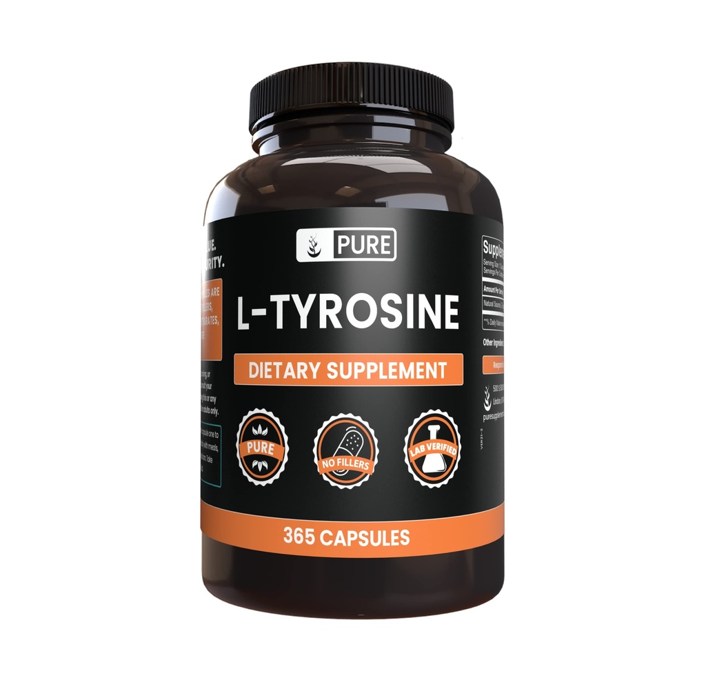 PURE ORIGINAL INGREDIENTI L-tirosina (365 capsule) Nessun filler di magnesio o di riso, sempre puro, verificato il laboratorio