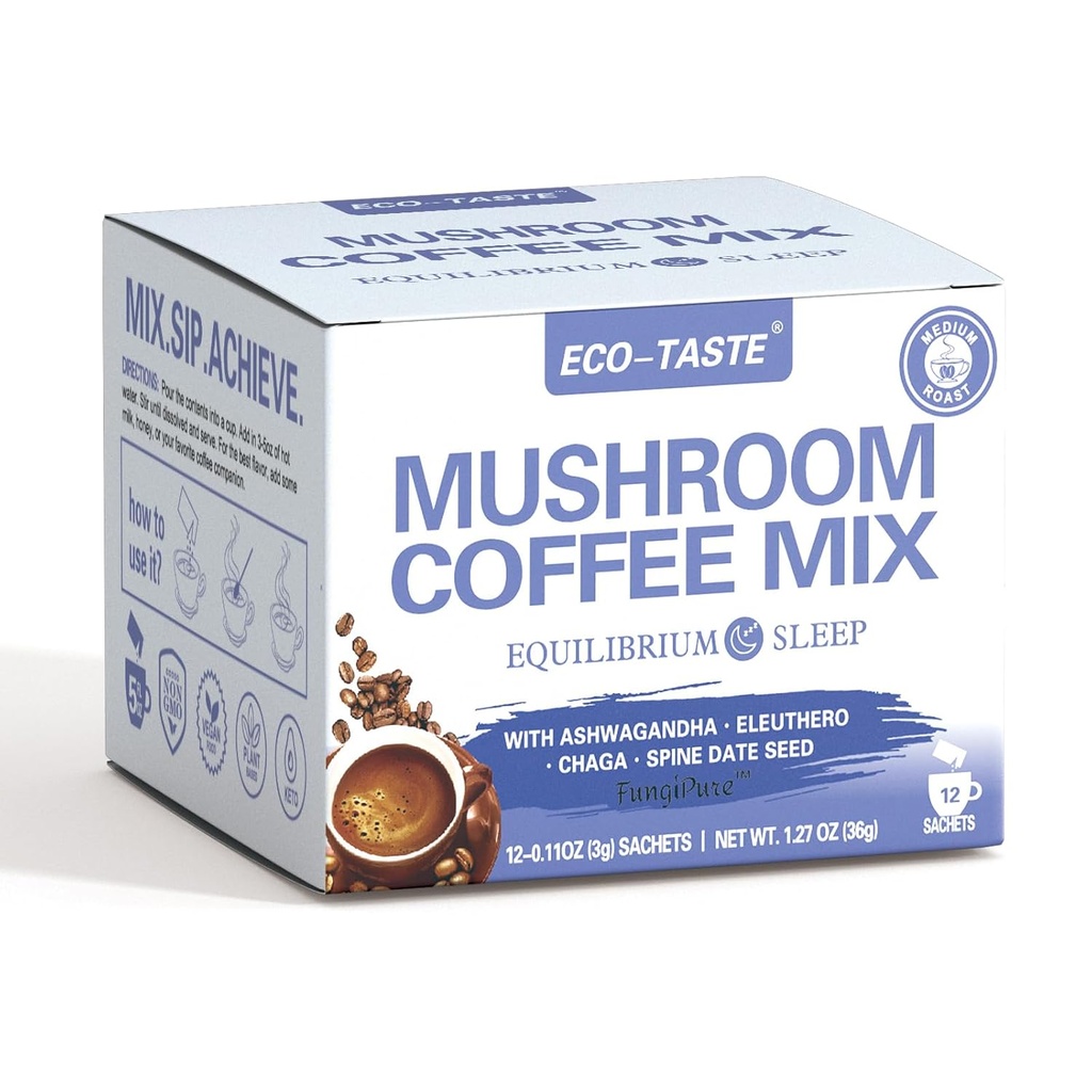 ECO-TASTE Mushroom Coffee Mix, progettato per l'equilibrio con Ashwagandha, Eleuthero, Chaga, Spine data seme – 12 sacchetti