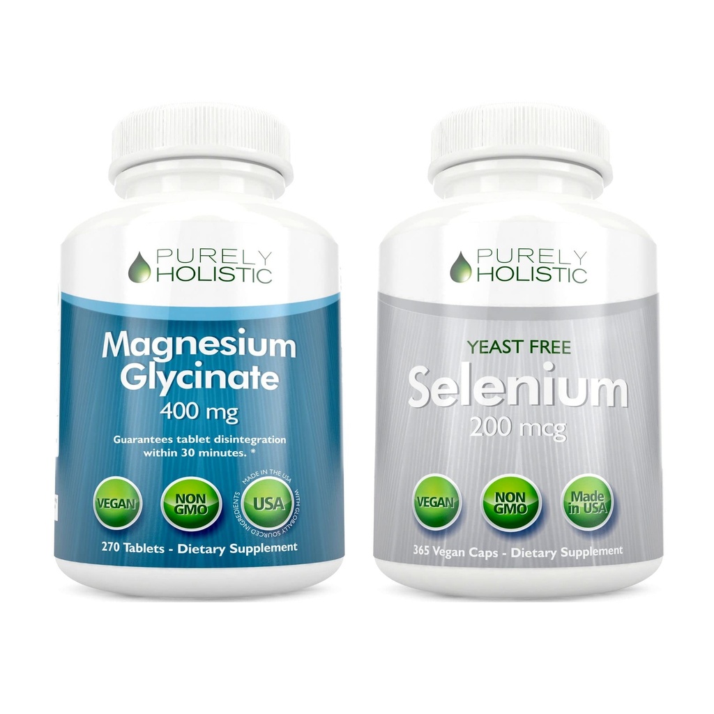 Magnesio Glycinate 400mg + Selenium 200mcg - Vegan Bundle - 270 compresse & 365 capsule - Made in Italy