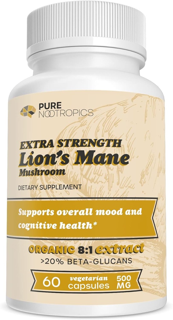 Pure Nootropics - Organic Lion's Mane 8:1 Mushroom 500 mg | Dual Extract | 60 Caps vegetariani | >20% beta-glucani | Hericium erinaceus | Salute del cervello
