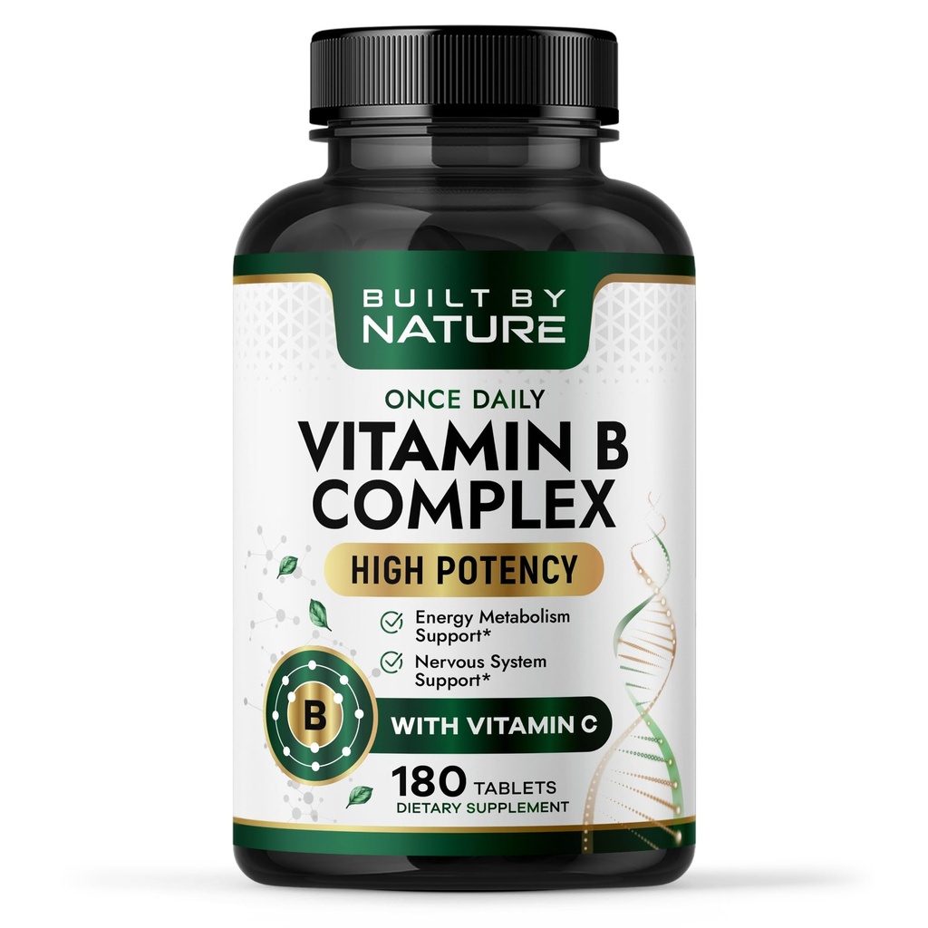 Costruito da Nature Vitamina B Complex – Super B Complex Vitamine per Donne & Uomini – Energia, Supporto Stress & Immune – Alta potenza B Vitamine Complesso con B12 – 180 compresse