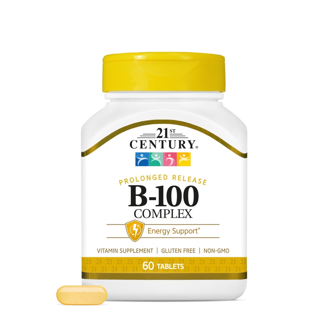 Tabelle di rilascio prolungate del complesso B-100 del XXI secolo, 60 conte (pacchetto di 1), Complesso di vitamina B ad alta potenza per il sistema nervoso, supporto energetico, comprende vitamina B1, B2, B6, Biotin & Calcium