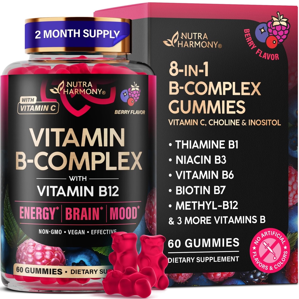 Vitamina B-Complex Gummies for Women & Men - Vitamina B12, B1, B2, B3, B5, B6, B7 & B9 - Complesso B con Vitamina C & Choline - Energia, Cervello e Mood - Natural Berry Flavor, Vegan - 60 Gummies per 2 Mesi
