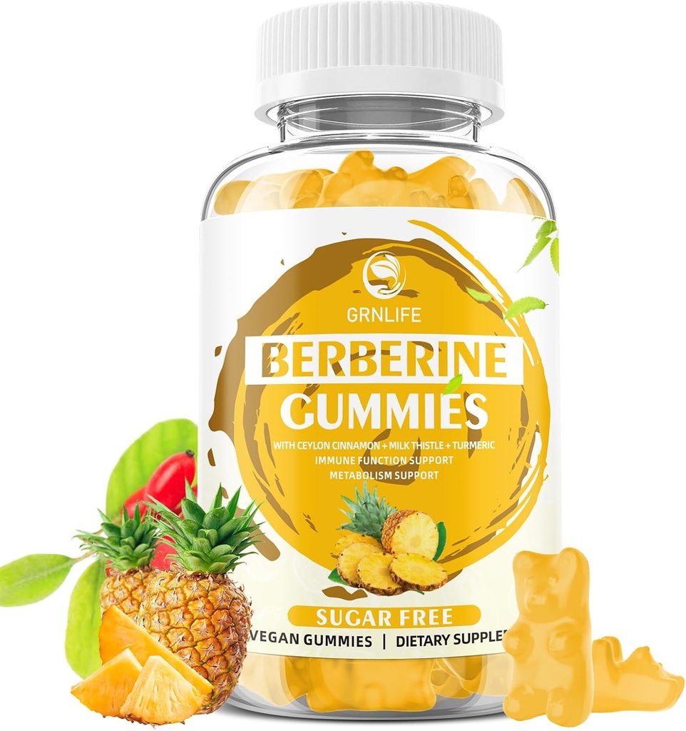 Gummie di Berberina con Ceylon Cinnamon 1500mg High Potency Berberine HCL supplemento per il supporto immunitario e metabolico, senza zucchero, aroma di ananas - 60 Conte