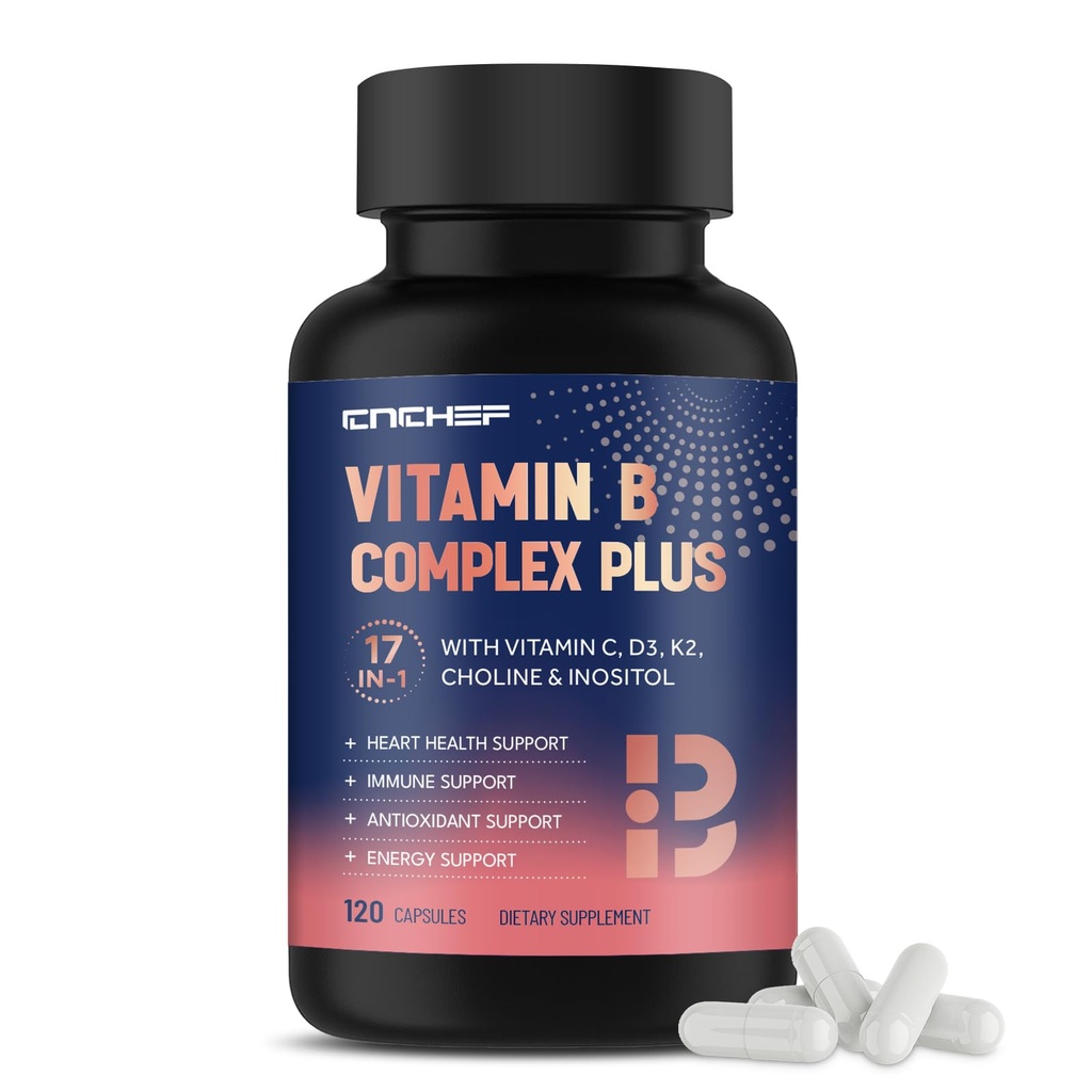 17-in-1 Vitamina B Complex Plus – Vitamina B1, B2, B3, B4, B5, B6, B7 (Biotin), B8 (Inositol), B9, B12, C, D3, K2, Energia, Immune, Pelle, Nerve Support for Men & Women - 120 Capsule
