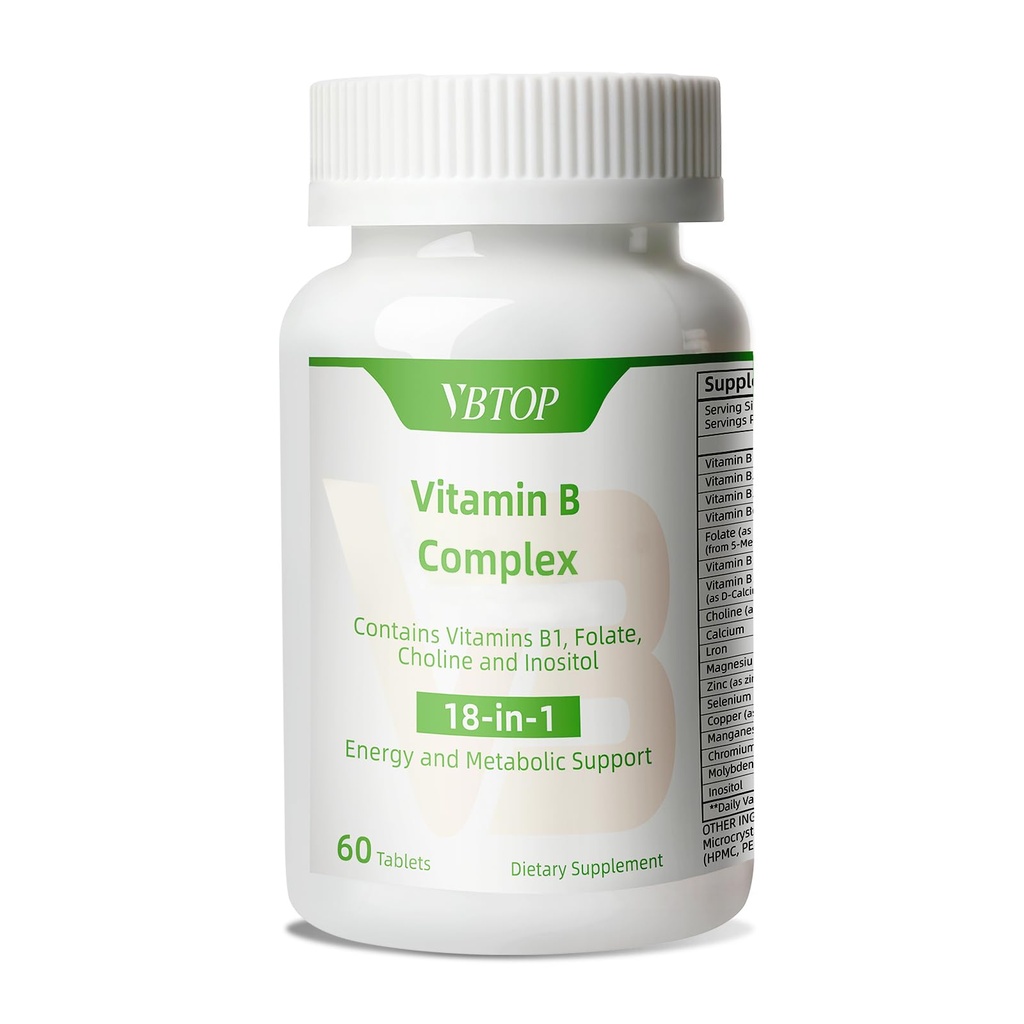 Vitamina B Complex, con Vitamine B1, B2, B3, B5, B6, B12, acido folico, colina, zinco, calcio, inositolo, per la salute del cervello e del cuore, la salute immunitaria e il supporto energetico cellulare, 60 compresse