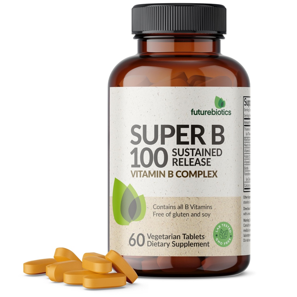 Futurebiotici Super B 100 Sostenuto rilascio Vitamina B Complesso Non OGM, 60 compresse vegetariane