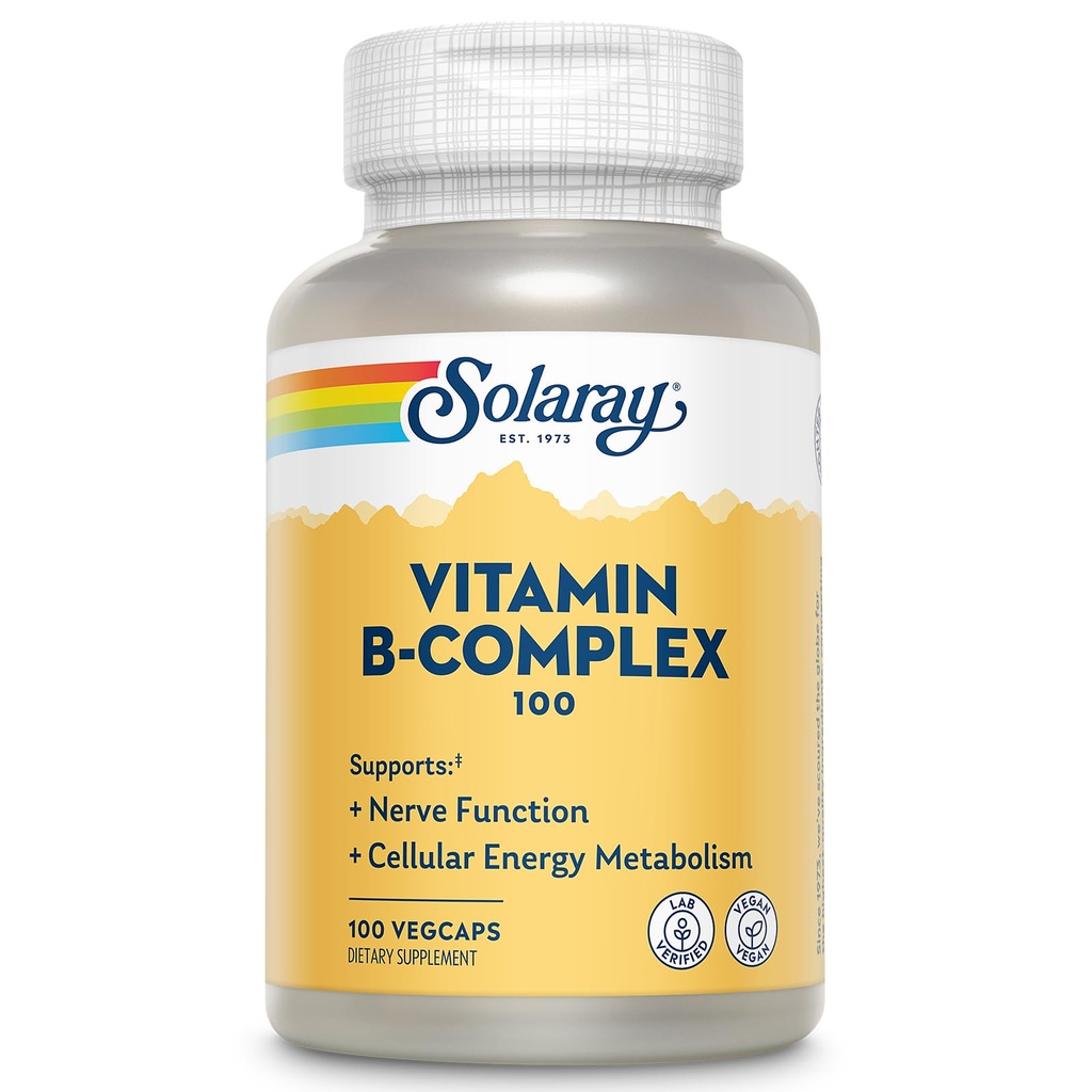 SOLARAY Vitamina B Complex 100mg - Energia cellulare, Nerve e supporto per la salute del cuore - Fornisce tutte le 8 B Vitamine complesse - Vitamina B12, B1, B2, B3, B6, Niacin, Acido Folico e Biotina - Vegan, 100 Serve