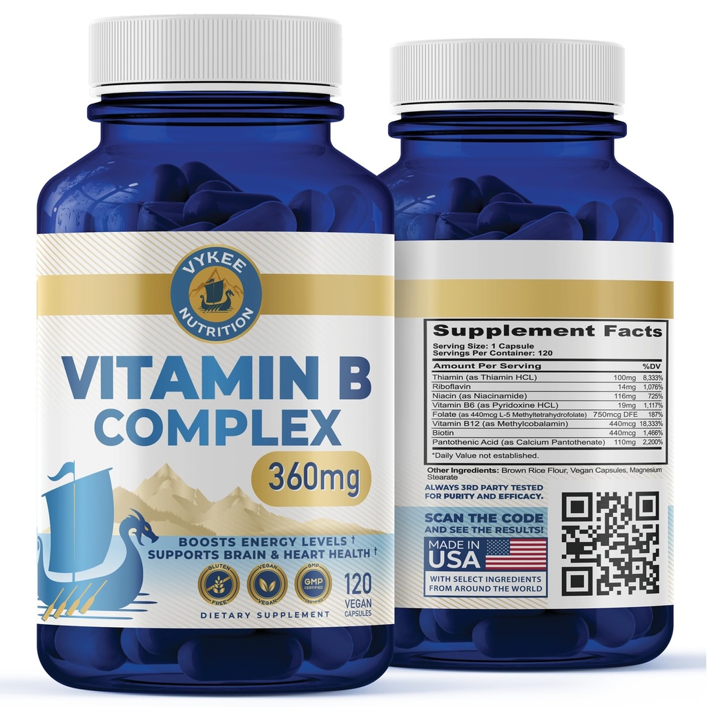 Vykee Nutrition B Complex Supplement – Alta potenza B Vitamine con 750mg DFE Folate, 440mcg B12/Biotin | Vegan Non-GMO | Supporta la produzione di energia cellulare & Red Blood Cell Formazione | 120 capsule