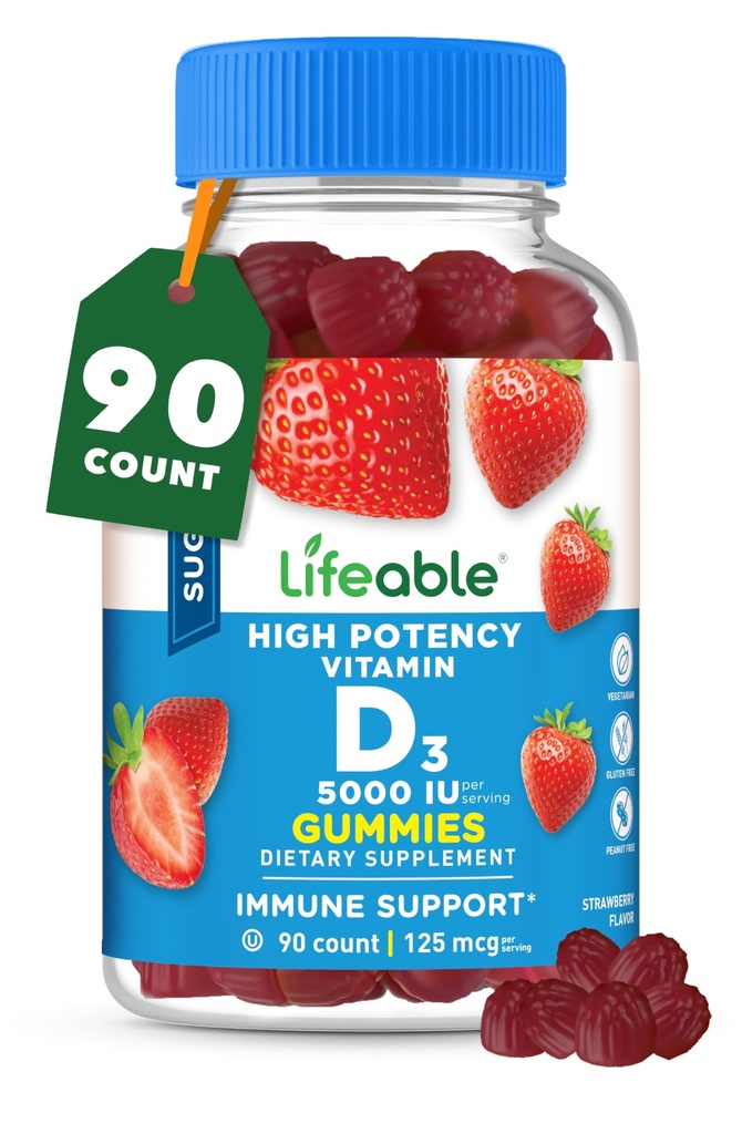 Vitamina D 5000 IU - Grande Tasting Natural Flavor Gummy Supplemento - Gluten Free Vegetariano GMO-Free Chewable - per il supporto immunitario e la salute del chiodo - per gli adulti - 90 Gummies