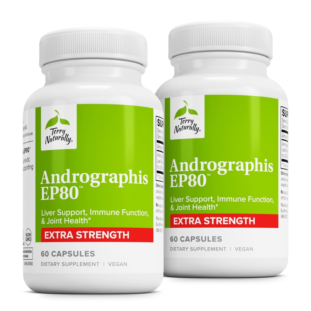 Terry Naturally Andrographis EP80 Extra Strength - Brain Health & Immune Support - Joint Health Support to Aid Mobility - Adaptogen Supplement for Energy & Liver Support - 60 Capsule (Pack of 2)