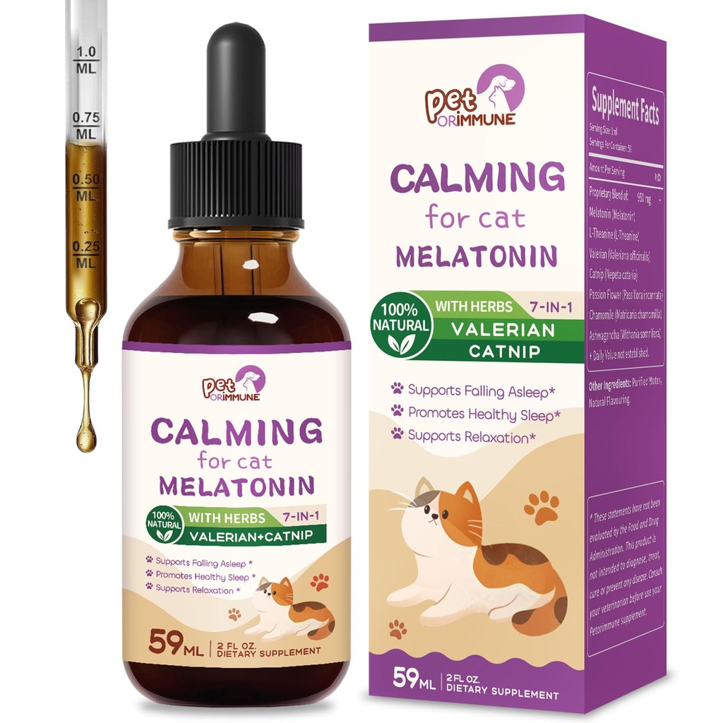 Gatto Melatonina naturale calmante gocce, supporto caduta Asleep & sonno sano, erbe Estratto di relax supplemento con L-teanina, Valerian, Catnip, Passion Flower e camomilla. 2 oz