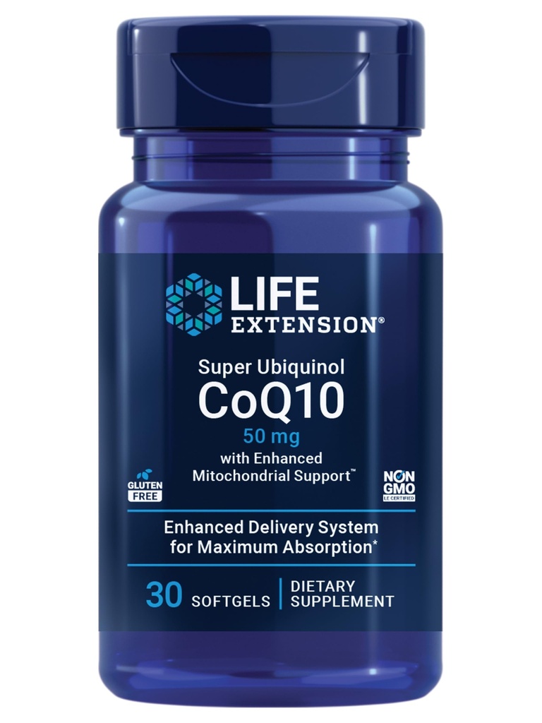 Estensione della vita Super Ubiquinol CoQ10 con il supporto mitocondriale potenziato, supplemento di salute del cuore, assorbimento massimo, 50 mg, non OGM, senza glutine, 30 softgels