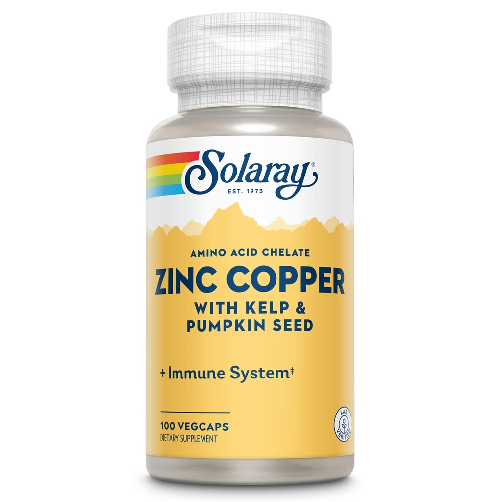 SOLARAY Zinc Copper Aminoacido Chelato - Integratore di supporto Immune w/Chelated Zinc 50mg - Bone, Skin, Heart Health and Thyroid Support - con Iodio da Kelp, 60-Day Guarantee, 100 Serv, 100 VegCaps