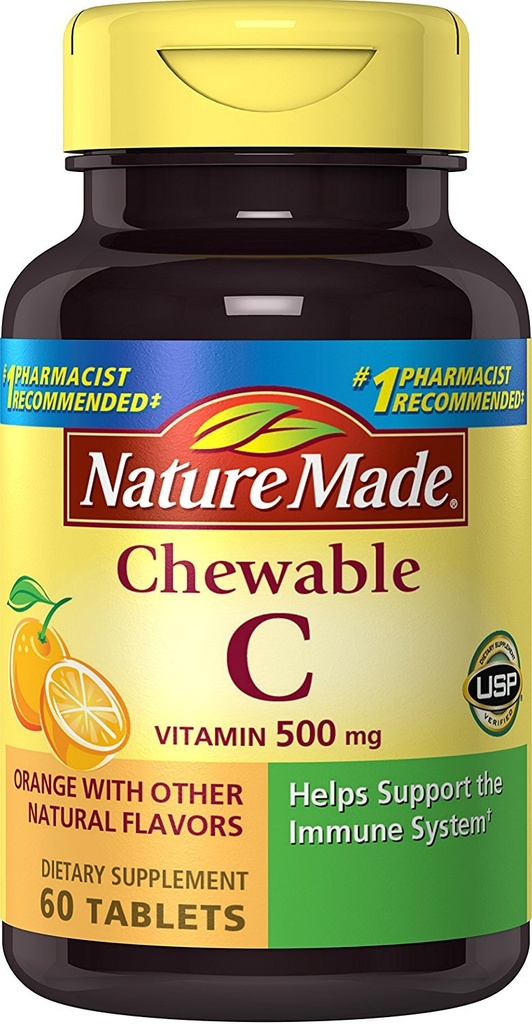 Natura fatta Chewable Vitamin C 500 mg Compresse, 60 conteggio per aiutare a sostenere il sistema immunitario (pacchetto di 3)