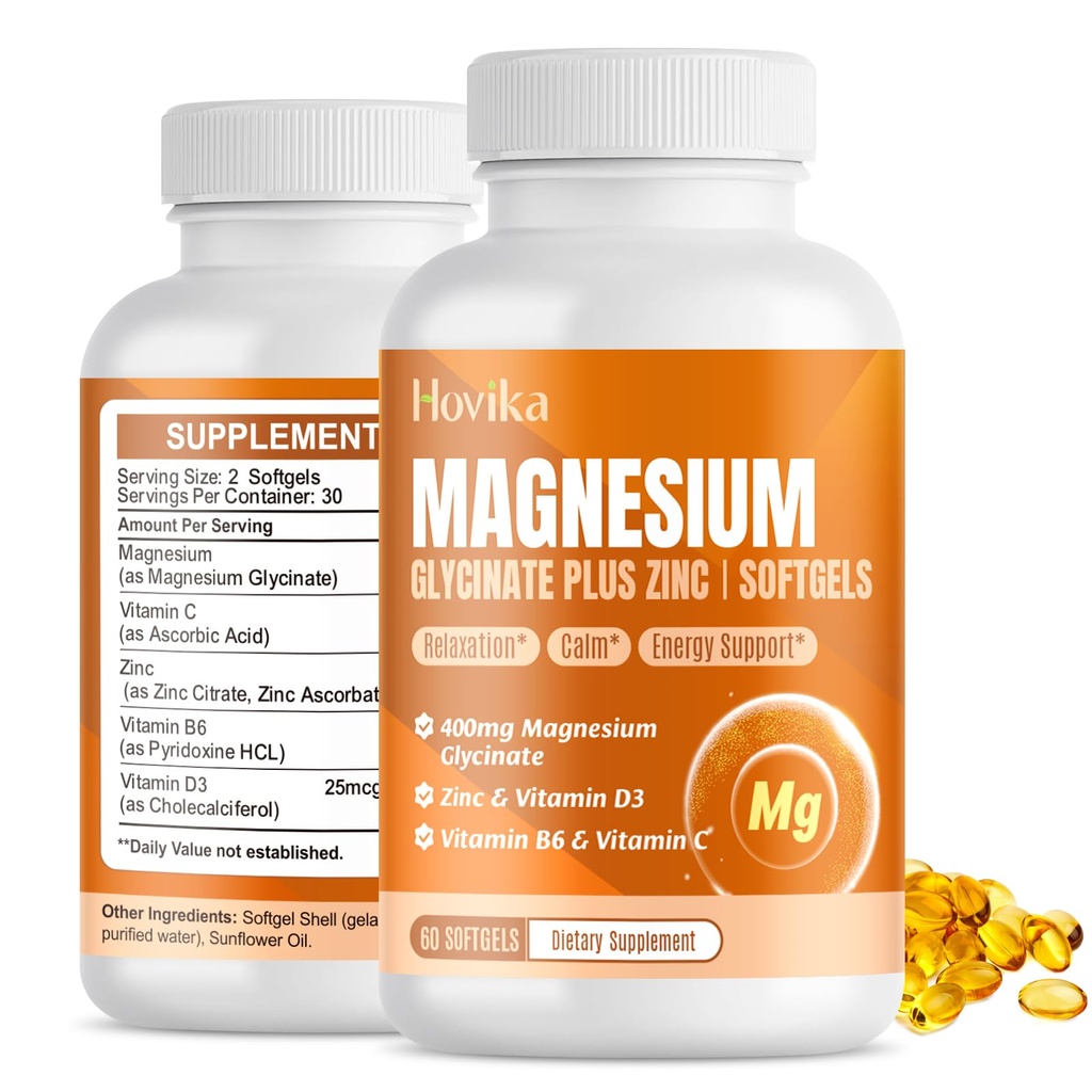 Magnesio Glycinate Supplemento Softgels, Magnesio Glycinate 400mg con Zinco, Vitamina B6, C, D3, Magnesio Puro per Sonno, Calma, Muscolo, Energia, Supporto Cuore - 60 Vegan Capsule per Donne & Uomini