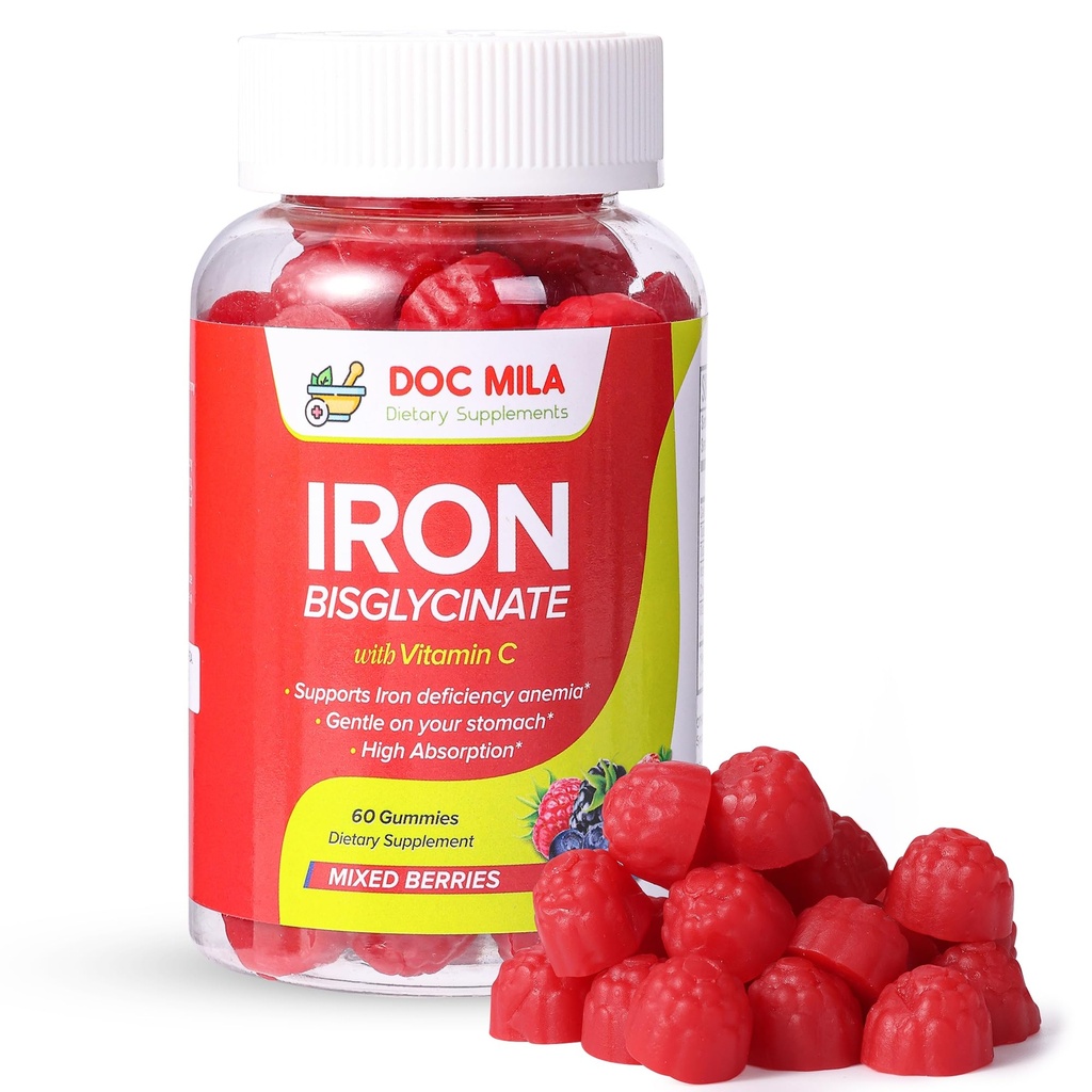 Supplemento di ferro per bambini e adulti - Iron Bisglycinate Gummies 25mg con Liposomal VIT C - Supplemento di ferro per donne e uomini - 60 Gummies, 1 mese di fornitura
