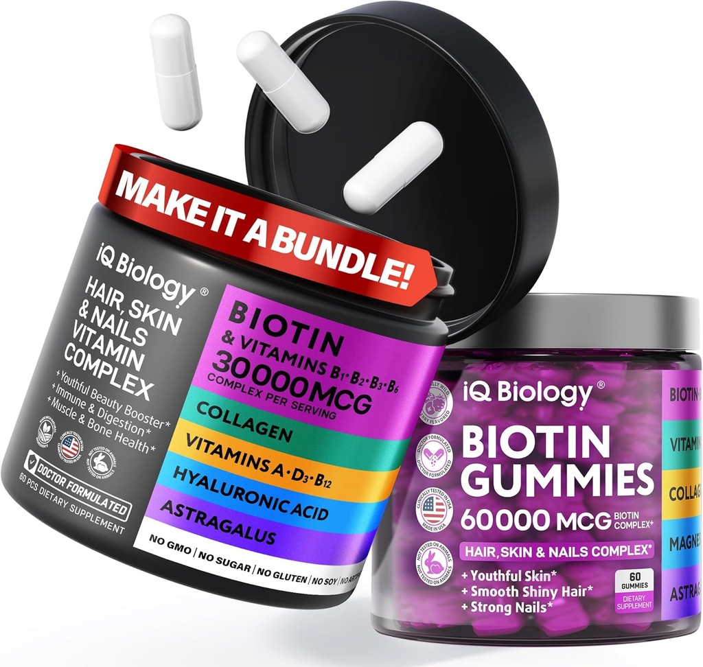 Biotina Crescita dei capelli Bundle - Vitamine Biotina & Cheratina + Gummie dei capelli con Collageno & Astragalus - Chiodi per capelli Vitamine per donne & uomini | 60 Caps + 60 Gummies