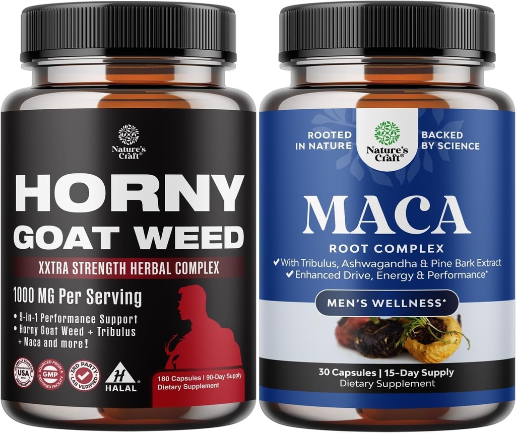 Bundle of Horny Goat Weed with Black Maca Root, Tongkat Ali, Saw Palmetto & Panax Ginseng Extract for Stamina & Energy and Black Maca Root with Siberian Ginseng Ashwagandha - Integratore benessere maschile
