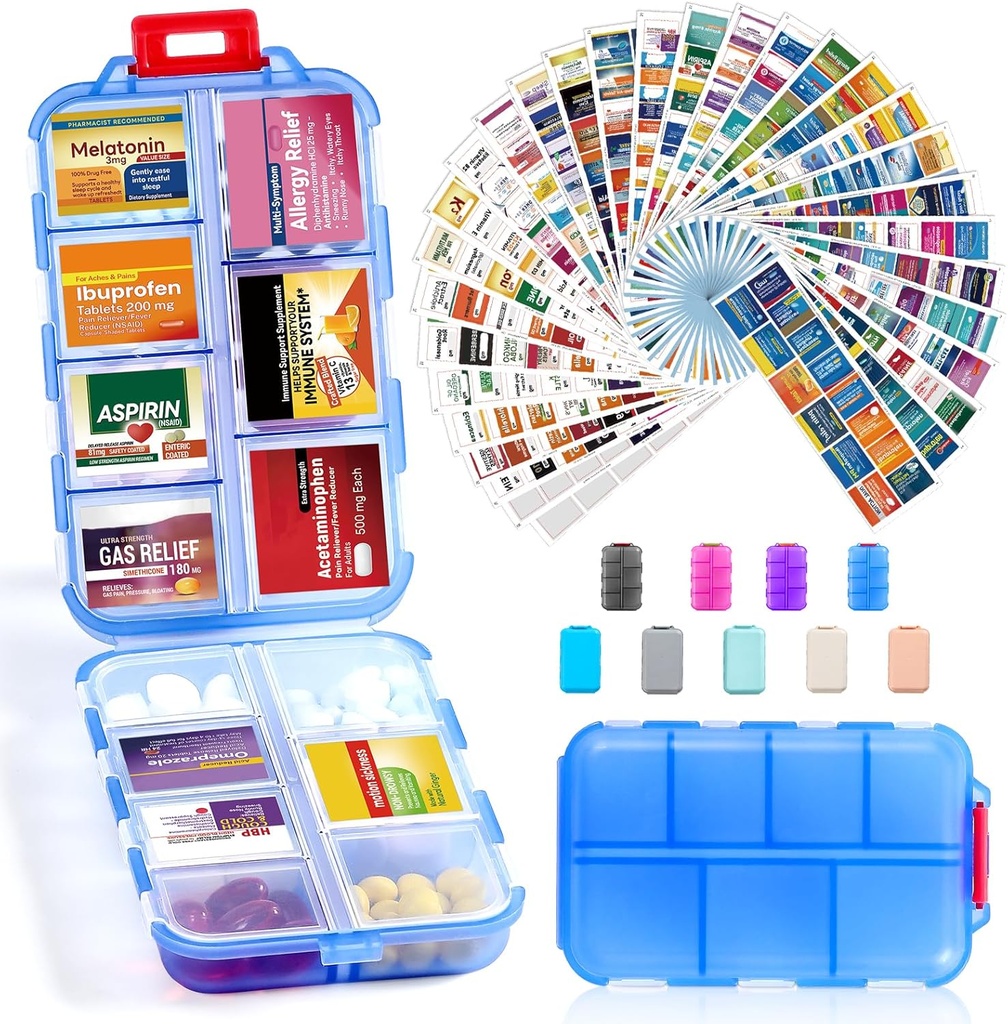 14 Grids Travel Pill Organizer Box con 415-Pcs Medicine Name Etichette - Pocket Daily Pharmacy Case Container Kit - Travel Medication Holder Dispenser per Fish Oil Vitamin Supplement Storage -Clear Blue