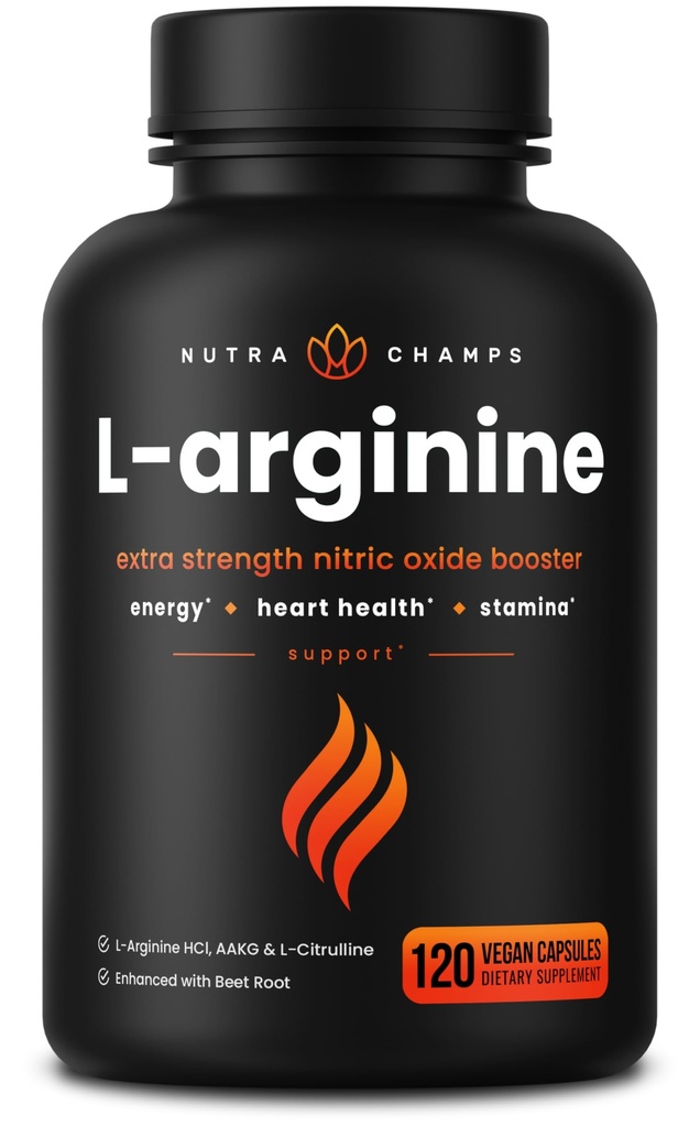 NutraChamps L-Arginina Supplemento 1000mg + L-Citrulline 250mg & Beet Root – Nitric Oxide Booster per la salute del cuore, Energia & Stamina – Extra Forza Aminoacido Complesso – 120 capsule vegan