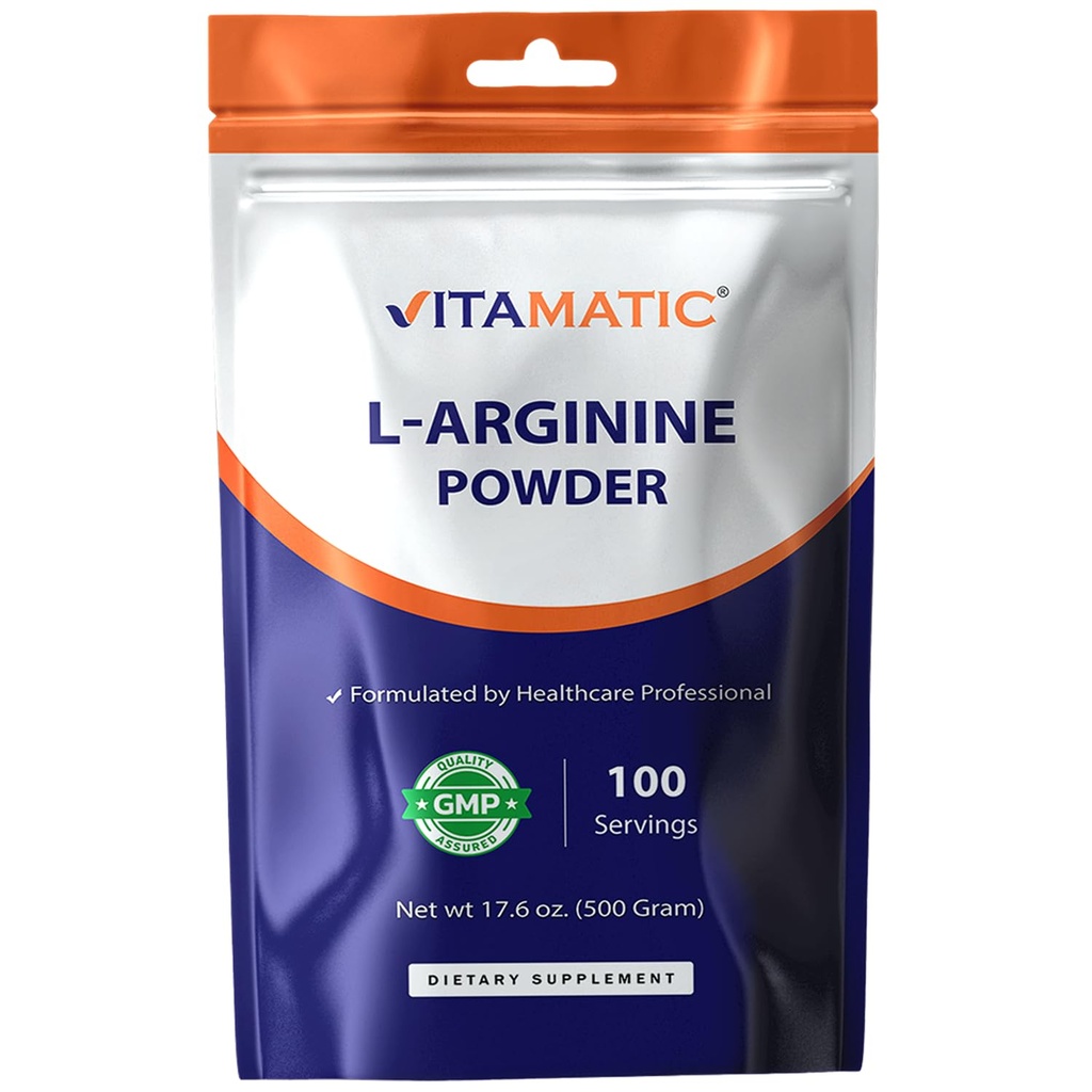 Vitamatic L-Arginina Pure Powder 500 Gram | Non aromaed | Non OGM | Gluten Free | No Additivi | 5000mg Per Serving | 100 Serve