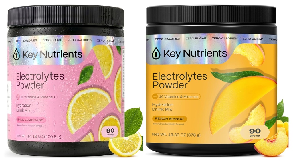 KEY NUTRIENTs Ultimate Hydration & Recovery Electrolyte Bundle – Tropical Peach Mango & Fresh Pink Lemonade, Sugar-Free, 90 Serve Ogni