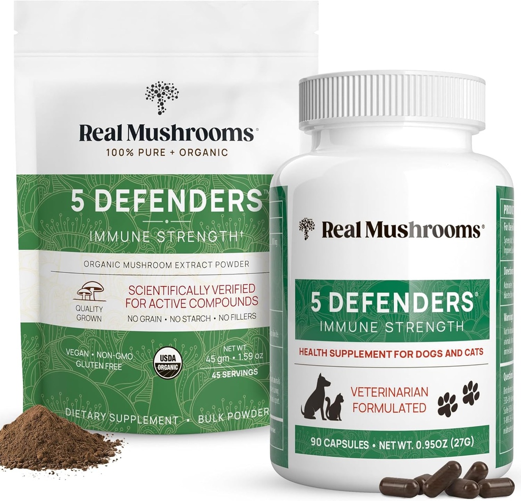 Real Mushrooms 5 Defenders for Humans (45g) & Animali domestici (90ct) - Pouch & Capsules Bundle - Chaga, Shiitake, Maitake, Turkey Tail & Reishi Mushroom - per la forza immunitaria &amp; benessere generale - Vegan, Non OGM