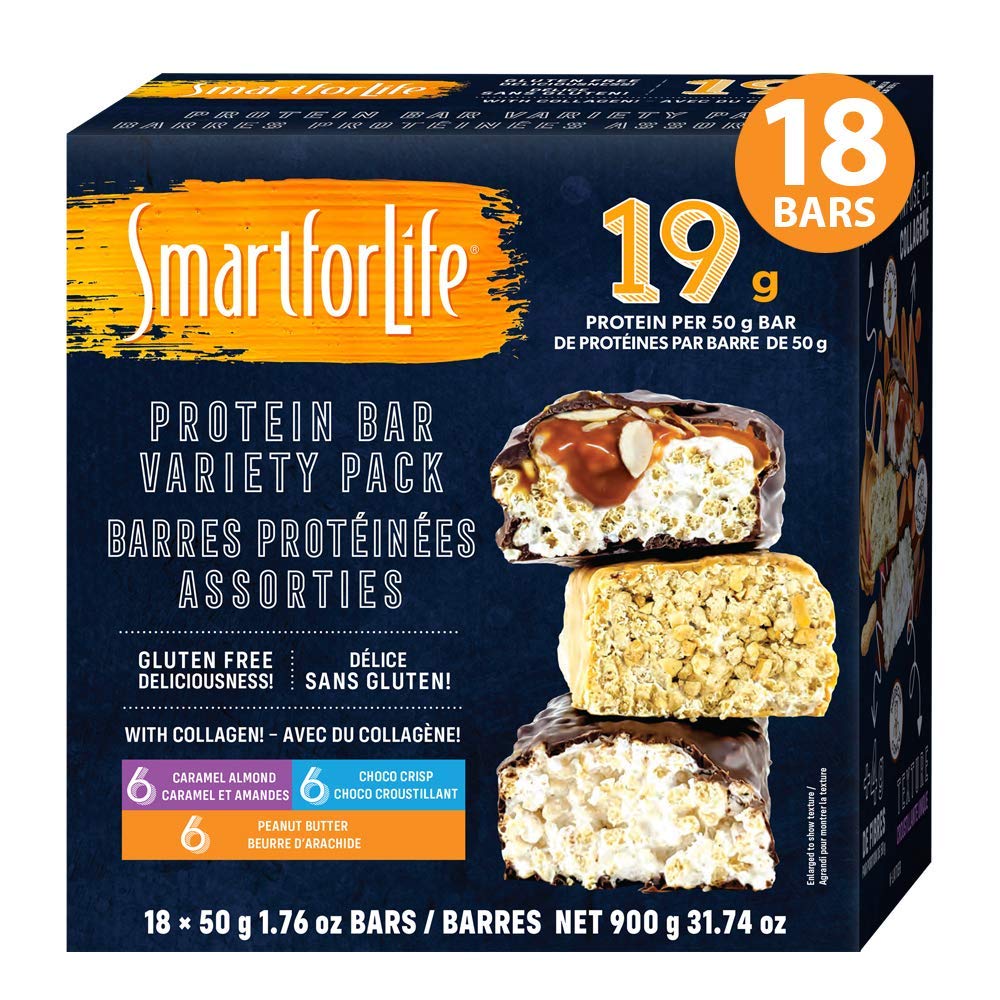 Smart for Life - High Protein, Low Sugar Bar Variety Pack, Gluten Free Caramel Almond, Chocolate & Peanut Butter Chocolate Crunchy Meal Sostituzione Barre Lavora con Cookie Diet Non-GMO 18ct