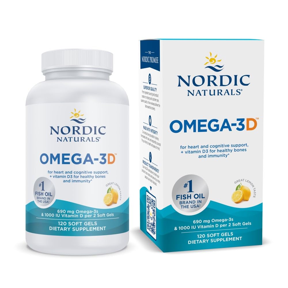 Nordic Naturals Omega-3D, Limone Flavor - 120 Gel Morbidi - 690 mg Omega-3 + 1000 IU Vitamin D3 - Olio di Pesce - EPA & DHA - Supporto Immune, Brain & Heart Health, Bones sano - Non-GMO - 60 Serve