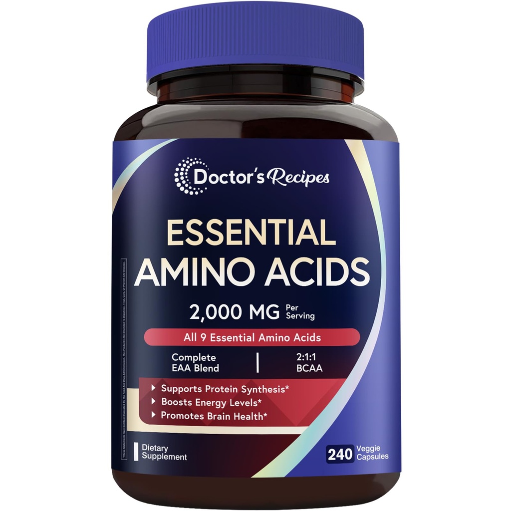 Supplemento di aminoacidi essenziali del medico, tutti 9 aminoacidi essenziali (EAA), BCAA 2:1, 240 capsule vegetali