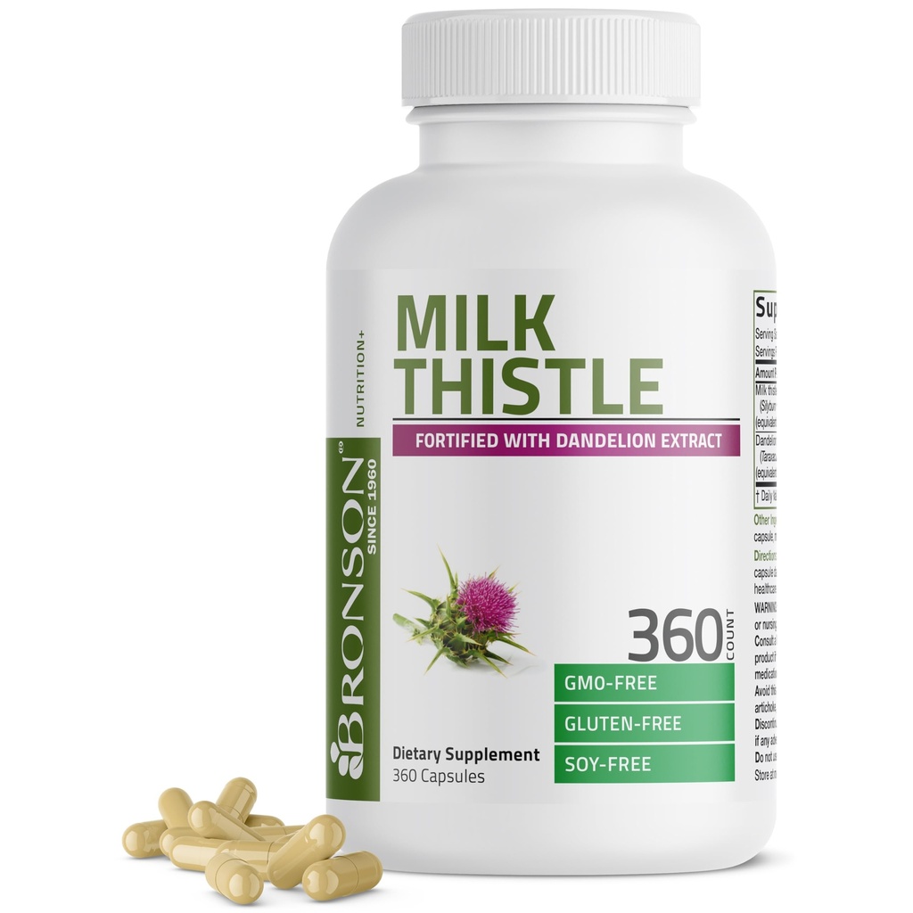 Bronson Milk Thistle Silymarin Marianum & Dandelion Root Liver Health Support, Supporto antiossidante, Detox, 360 capsule