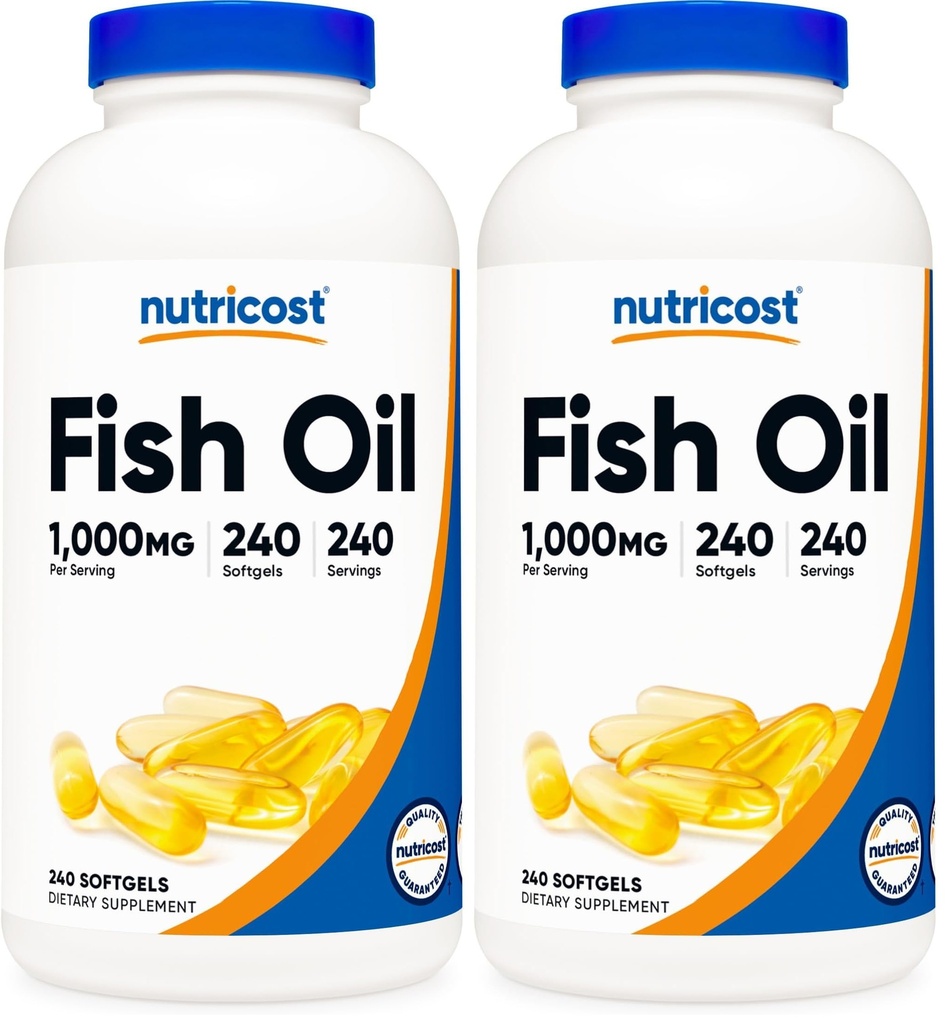 Nutricost Fish Oil Omega 3 Softgels con EPA & DHA (1000mg di Fish Oil, 560mg di Omega-3), 240 Softgels, Non OGM, Gluten Free. (Pack of 2)