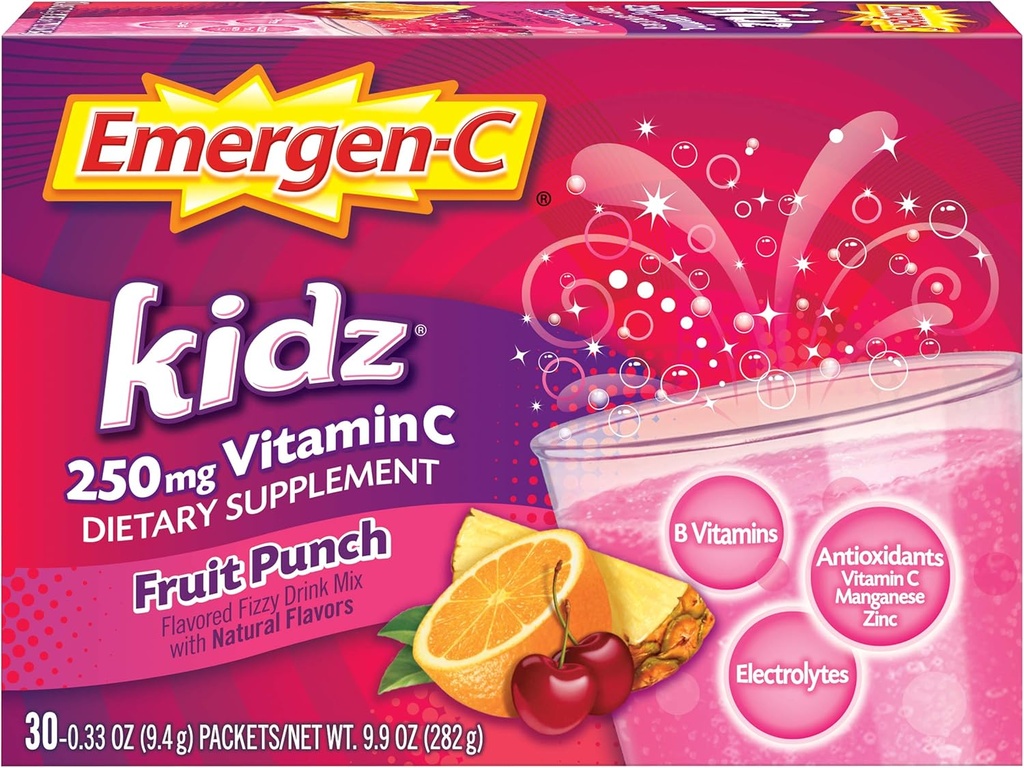 Emergen-C Kidz 250mg Kids Vitamin C Powder, Caffeina Free, Immune Support Drink Mix, Frutta Punch Flavor - 30 Count/1 Mese di alimentazione